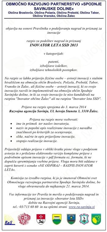 Razpis za podelitev nagrad in priznanj INOVATOR LETA SSD 2013