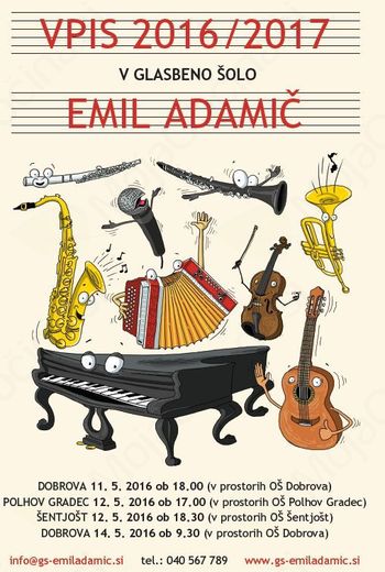 Sprejemni izpiti v Glasbeni šoli Emil Adamič