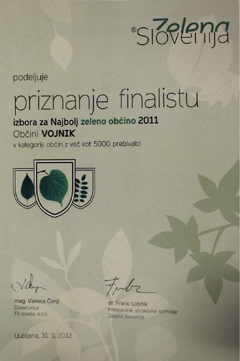 Občina Vojnik finalist na natečaju »Najbolj zelena občina 2011«