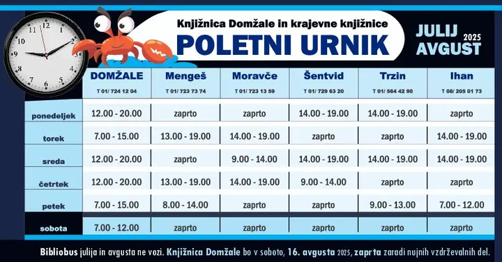 Poletni urnik Knjižnice Domžale 