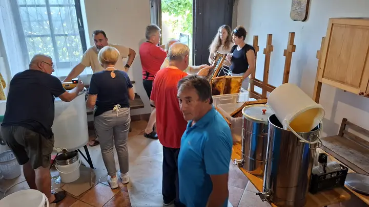 Točenje medu v učnem čebelnjaku v Šmartnem v Rožni dolini