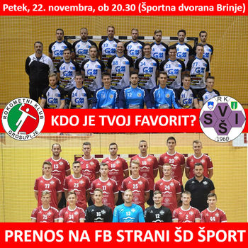 Prenos sosedskega rokometnega derbija med Ivančno Gorico in Grosupljem