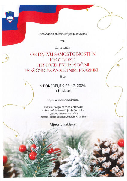 Vabilo na prireditev ob dnevu samostojnosti in enotnosti ter pred prihajajočimi božično-novoletnimi prazniki