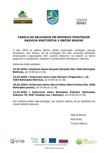 Vabilo na delavnice ob pripravi strategije razvoja kmetijstva v Občini Bohinj