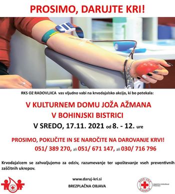 17. novembra krvodajalska akcija v Kulturnem domu Joža Ažmana
