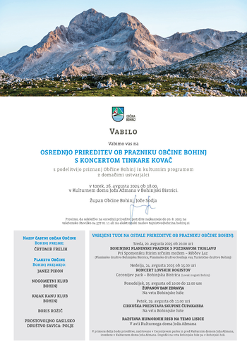 Vabljeni na osrednjo slovesnost ob Občinskem prazniku Občine Bohinj in ostale spremljajoče prireditve