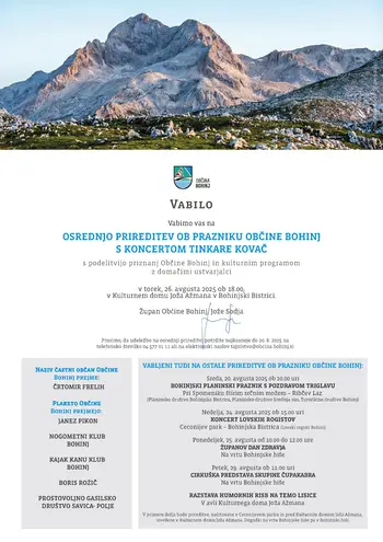 Vabljeni na osrednjo slovesnost ob Občinskem prazniku Občine Bohinj in ostale spremljajoče prireditve