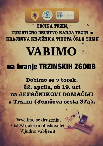 Vabilo na branje TRZINSKIH ZGODB, 22.4.2025 ob 19 uri Vabilo na branje TRZINSKIH ZGODB, 22.4.2025 ob 19 uri