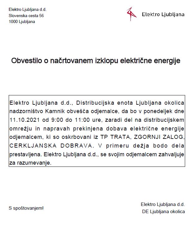 Obvestilo o načrtovanem izklopu električne energije - Elektro Ljubljana d.d.