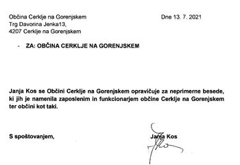 Javno opravičilo Občini Cerklje na Gorenjskem - Janja Kos