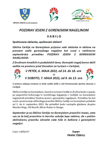 Pozdrav jeseni z gorenjskim nageljnom - VABILO na prevzem sadik gorenjskega nageljna, 6. in 7. maj 2022