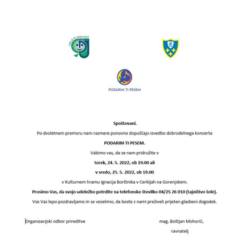 Vabilo na dobrodelno prireditev PODARIM TI PESEM