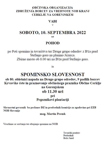 Pohod in Spominska slovesnost ob 80. obletnici napada na Drugo grupo odredov, 10.9.2022