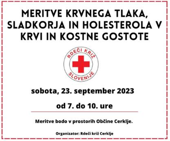 Meritve krvnega tlaka, sladkorja in holesterola v krvi in kostne gostote.