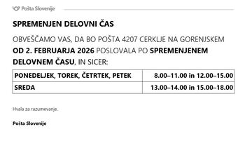 Obvestilo o spremembi delovnega časa Pošte PE Cerklje - od 02.februarja 2026