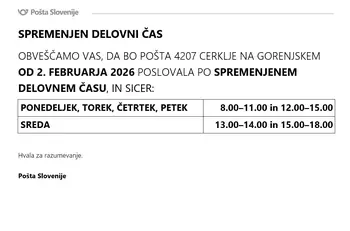 Obvestilo o spremembi delovnega časa Pošte PE Cerklje - od 02.februarja 2026