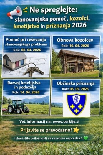 Ne spreglejte aktualnih javnih razpisov Občine - stanovanjska pomoč, kozolci, kmetijstvo in občinska priznanja