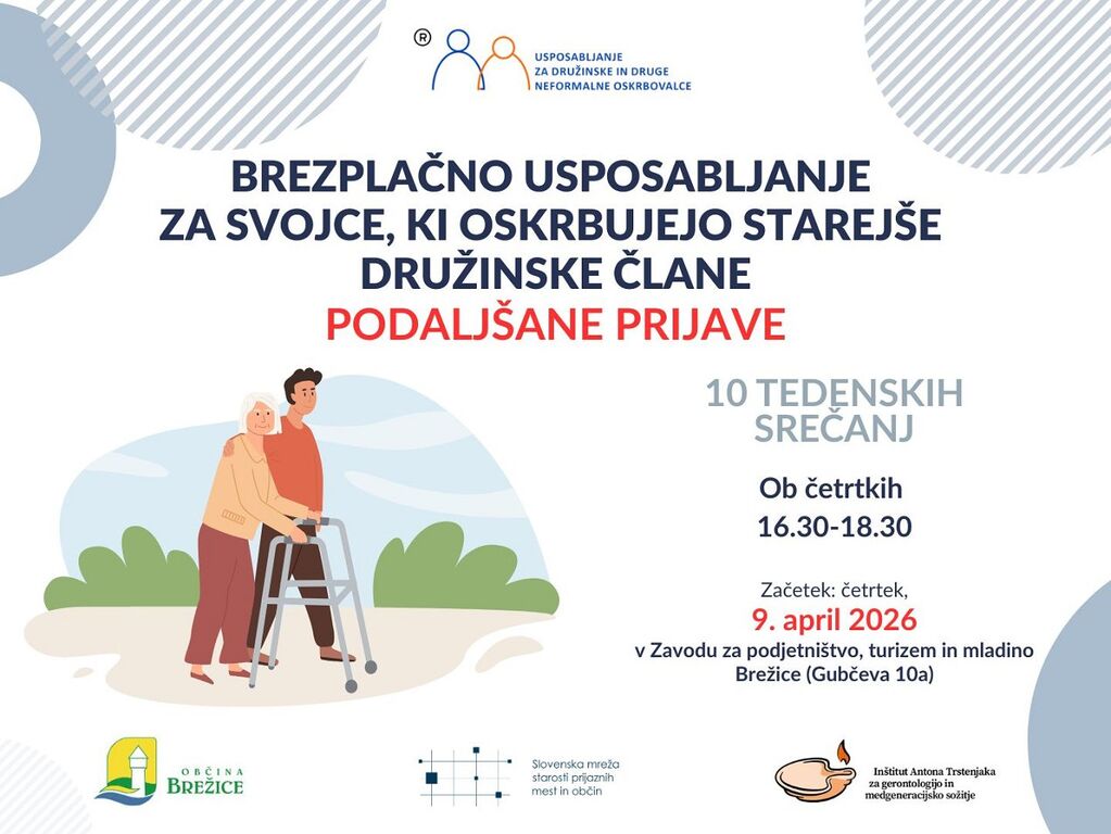 OBVESTILO – podaljšan rok za prijavo na brezplačno usposabljanje svojcev, ki skrbijo za starejše, bolne ali onemogle družinske člane