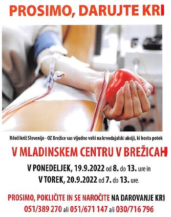 Krvodajalska akcija bo potekala v Brežicah 19. in 20. septembra 2022