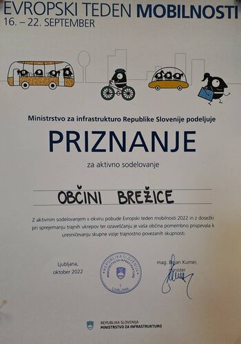 Prejeli priznanje Ministrstva pri sodelovanju v Evropskem tednu mobilnosti