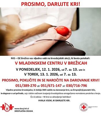 Vabljeni na krvodajalsko akcijo - 12. in 13. januar 2026