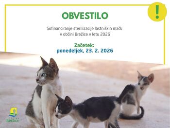 Sofinanciranje sterilizacije lastniških mačk v občini Brežice v 2026 – začetek 23. 2. 2026 Sofinanciranje sterilizacije lastniških mačk v občini Brežice v 2026 – začetek 23. 2. 2026