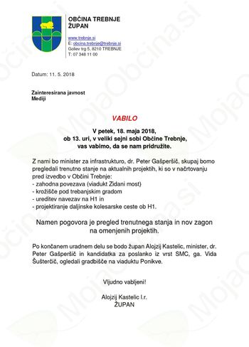 Minister za infrastrukturo, dr. Peter Gašperšič v Trebnjem - petek, 18. 5. 2018, ob 13. uri, v veliki sejni sobi Občine Trebnje