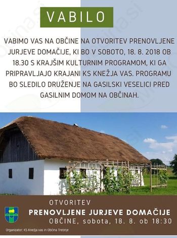 Vabilo na otvoritev obnovljene Jurjeve domačije