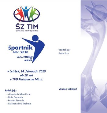 ŠPORTNIK LETA 2018 OBČIN TREBNJE IN MIRNA - 14. 2. 2019, OB 18. URI V TVD PARTIZAN NA MIRNI