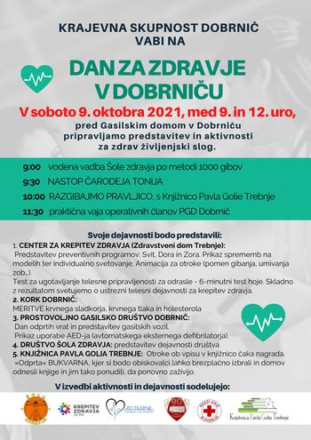 KS DOBRNIČ VABI NA DAN ZA ZDRAVJE V DOBRNIČU, 9. oktobra 2021, med 9. in 12. uro