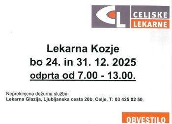 PRAZNIČNI DELOVNI ČAS LEKARNE KOZJE