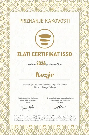 OBČINI KOZJE ZLATI ISSO CERTIFIKAT RAZVOJNE ODLIČNOSTI ZA LETO 2026 OBČINI KOZJE ZLATI ISSO CERTIFIKAT RAZVOJNE ODLIČNOSTI ZA LETO 2026