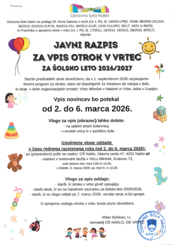JAVNI RAZPIS ZA VPIS OTROK V VRTEC ZA ŠOLSKO LETO 2026/2027