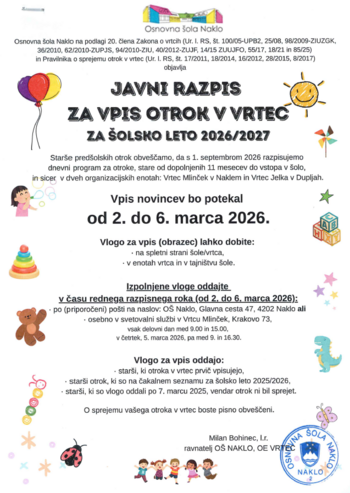 JAVNI RAZPIS ZA VPIS OTROK V VRTEC ZA ŠOLSKO LETO 2026/2027